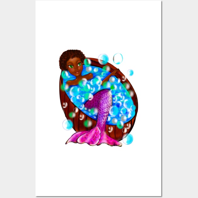 Mermaid spa day- Black anime mermaid in bubble bath. Pretty black girl with Afro hair, green eyes, Cherry pink lips and dark brown skin. Hair love ! Wall Art by Artonmytee